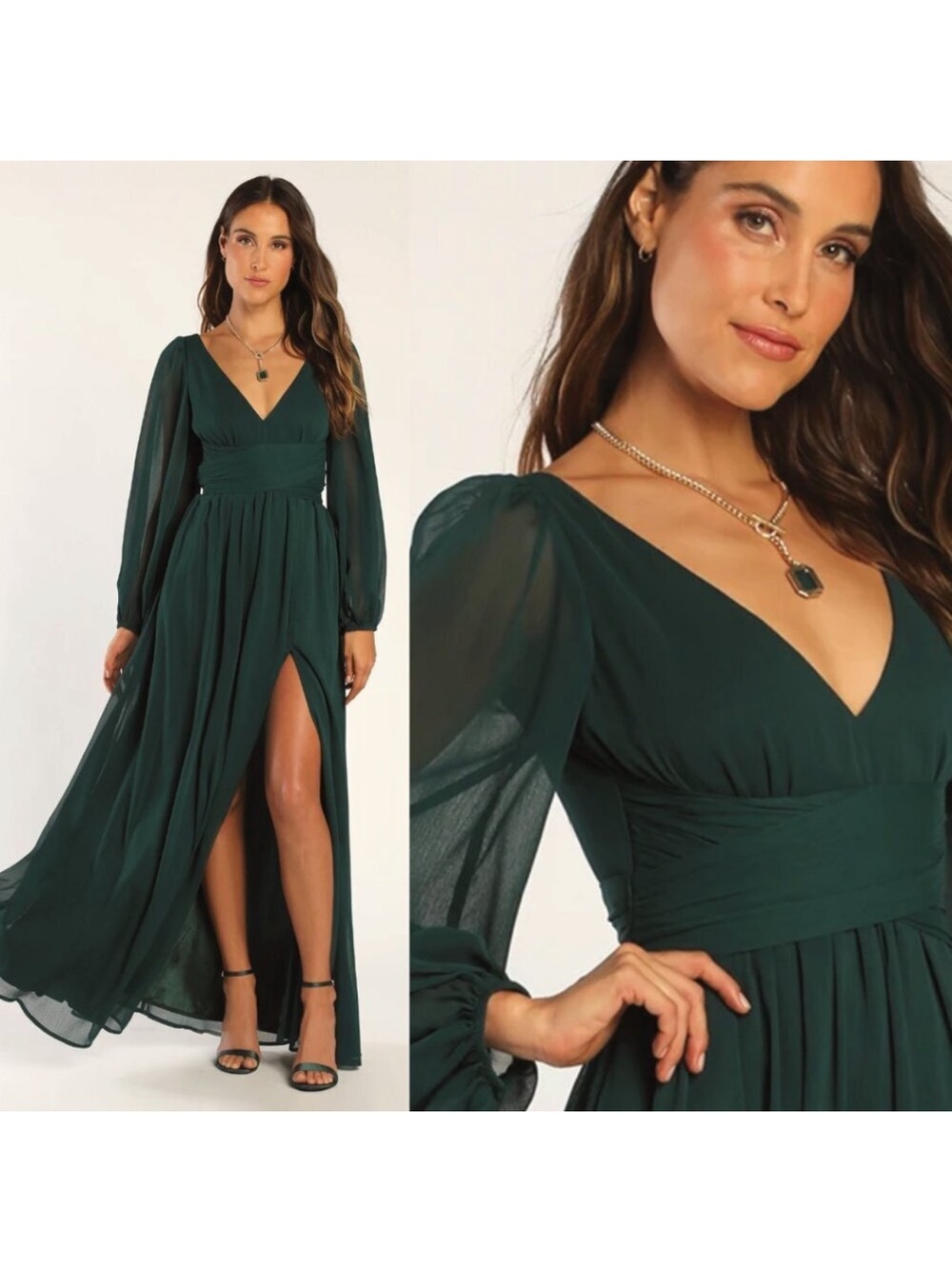 NWT Lulus Enchant My Love Emerald Green V-Neck Long Sleeve Maxi Dress